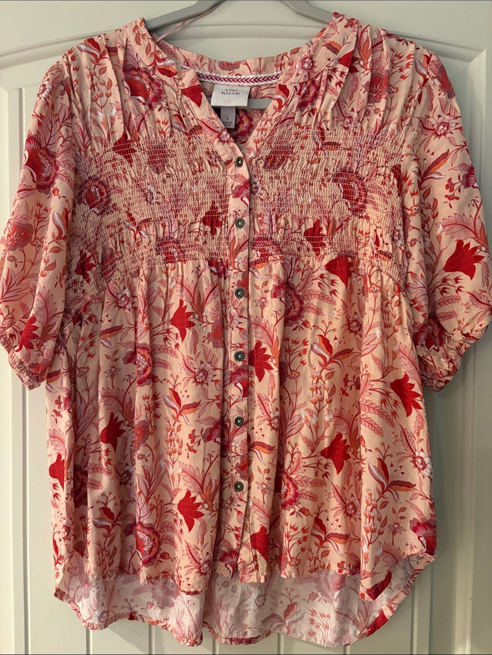 Knox Rose Pink Blouse with Red Floral Print